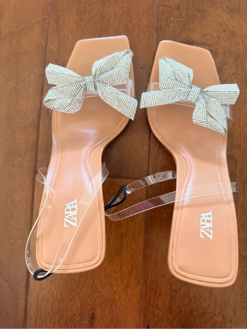 ZARA Tan Slide Heels with Crystal Bow Detail
